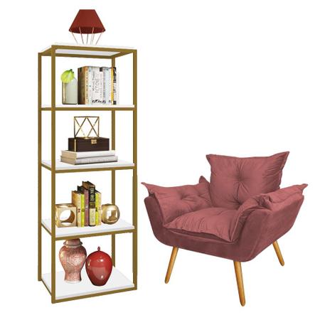 Imagem de Kit Poltrona Fatte com Estante Livreiro Ferro Dourado MDF Branco Suede Rose Gold - Ahazzo Móveis