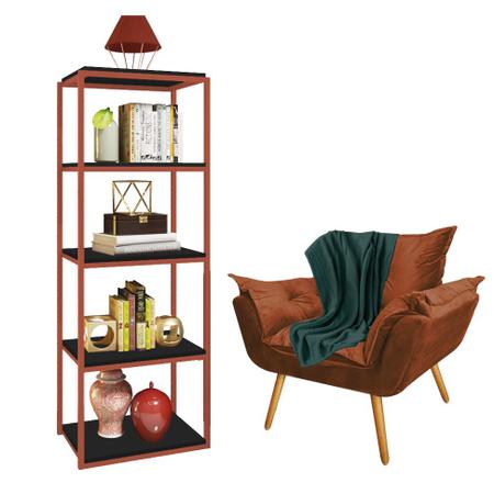 Imagem de Kit Poltrona Fatte com Manta Soft Verde e Estante Livreiro Ferro Bronze MDF Preto Suede Terracota - Ahazzo Móveis