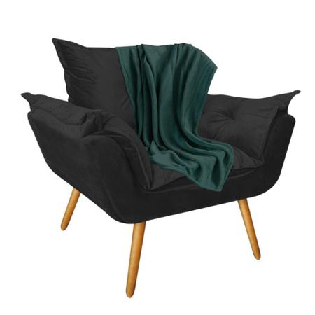 Imagem de Kit Poltrona Fatte com Manta Soft Verde e Estante Livreiro Ferro Cinza MDF Carvalho Suede Preto - Ahazzo Móveis