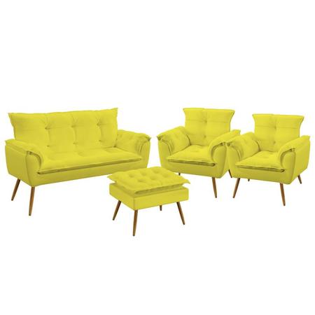 Kit Poltrona Namoradeira e 2 Poltronas Decorativas Beta Puff Lunar Sued Amarelo Aradecor Imagem de Kit Poltrona Namoradeira e 2 Poltronas Decorativas Beta Puff Lunar Sued Amarelo Aradecor