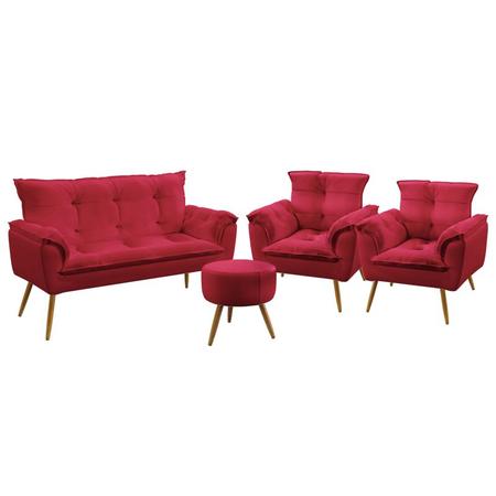 Imagem de Kit Poltrona Namoradeira e 2 Poltronas Decorativas Beta Puff Solar Sued Vermelho Aradecor