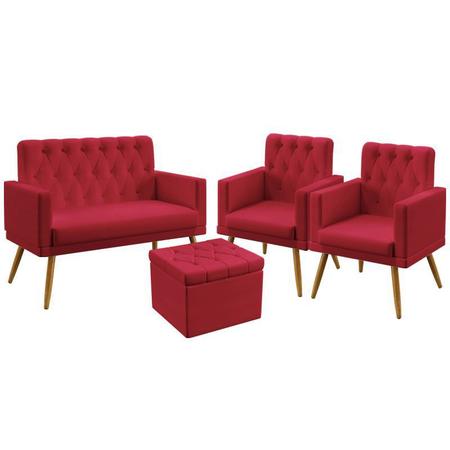 Imagem de Kit Poltrona Namoradeira e 2 Poltronas Decorativas Nina Rodapé E Capitonê com Puff Quasar Botões Suede Vermelho Aradecor