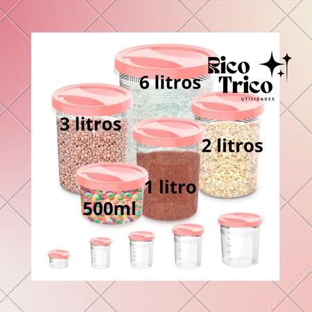 Imagem de Kit Porta Mantimento Conjunto De Potes Vasilhas com Tampa de Rosca Rosa 5 Peças Sem BPA
