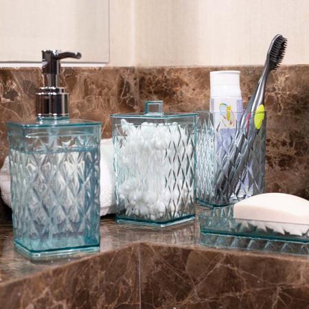 Imagem de Kit porta sabonete liquido detergente suporte escova dente lavabo banheiro pia bancada azul Plasutil