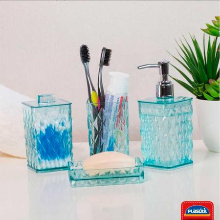 Imagem de Kit porta sabonete liquido detergente suporte escova dente lavabo banheiro pia bancada azul Plasutil