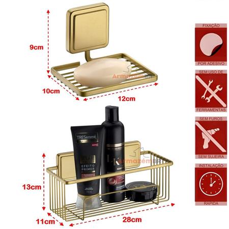 Imagem de Kit Porta Shampoo Saboneteira Suporte Papel Higiênico Gancho Banheiro Adesivo Dupla Face Dourado - Future