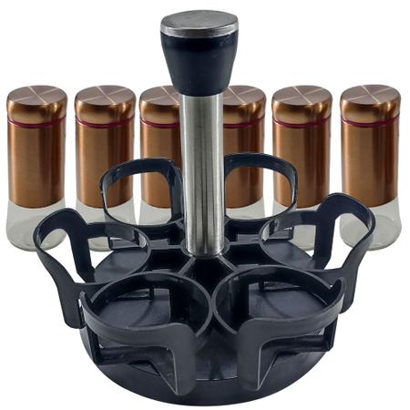 Imagem de Kit Porta Temperos e Condimentos com Base Giratória em Inox Cor de Cobre com 6 potes de 100ml