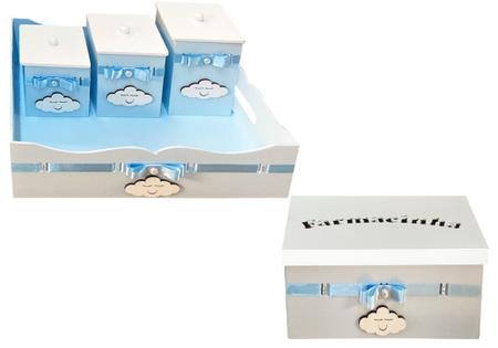 Imagem de Kit Potes Higiene Menino Azul com 5 Peças com Tecido Tema Nuvem