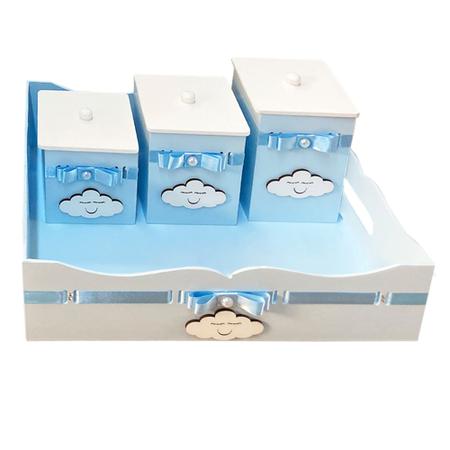 Imagem de Kit Potes Higiene Menino Azul com 5 Peças com Tecido Tema Nuvem