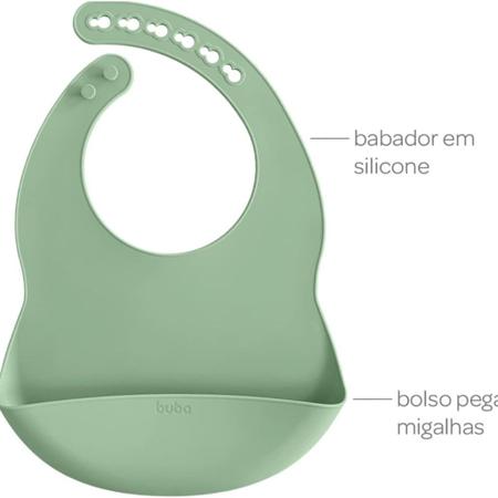 Imagem de Kit Prato C/ Ventosas Babador Pega Migalhas Em Silicone E Talheres Em Inox Verde Buba