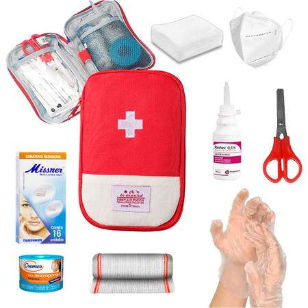 Imagem de Kit Primeiros Socorros Completo Portátil luvas , curativos , Gaze , Tesoura , Bolsa vermelho