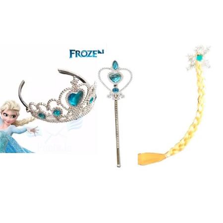 Imagem de Kit Princesa Frozen Elsa Com Trança Loiro Coroa Varinha