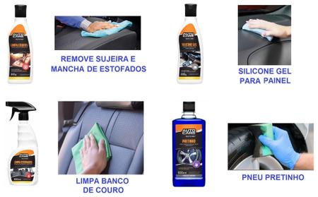 Imagem de kit Produto limpeza Limpa Banco Estofado Tecido Cour Painel Silicone Pneu Pretinho Carro 