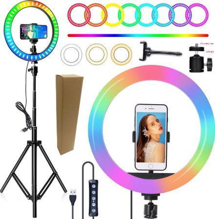 Imagem de Kit Profissional Hing Light Grande Rgb Suporte Celular Microfone de Mesa + Lapela Tripé 2 Metros Makeup Selfie Completo