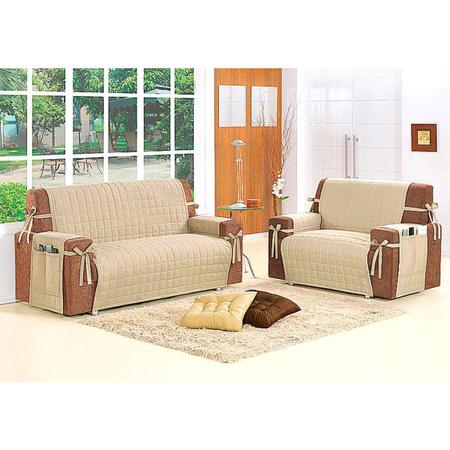 Kit Protetor de Sofá 3 e 2 Lugares Bege com Laço Decorativo - Moda Casa Enxovais Imagem de Kit Protetor de Sofá 3 e 2 Lugares Bege com Laço Decorativo