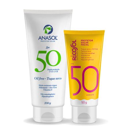 Imagem de Kit protetor solar facial ricosol fps 50 toque seco 50g + corporal anasol fps 50 200g