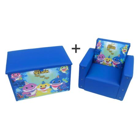 Imagem de Kit Puff Bau Porta brinquedos+ sofá infantil Baby sharkk 