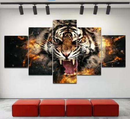 Quadros Decorativos Tigre Aguá E Fogo 120x60 3 peças em Teci