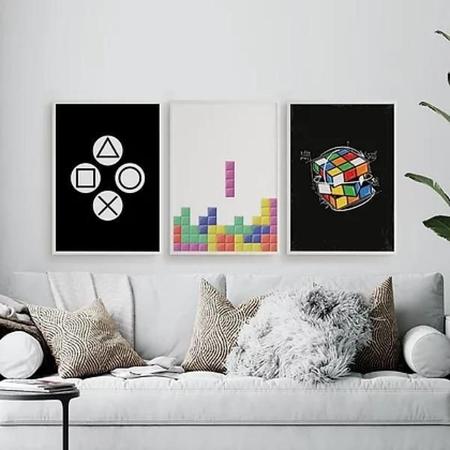 Imagem de Kit Quadros Gamer Cubo Mágico Tetris 24X18Cm - 3 Peças