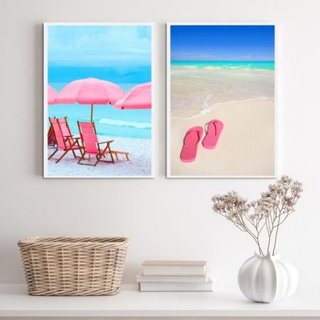 Imagem de Kit Quadros Praia ul/Rosa 45x34cm - Vidro+Moldura