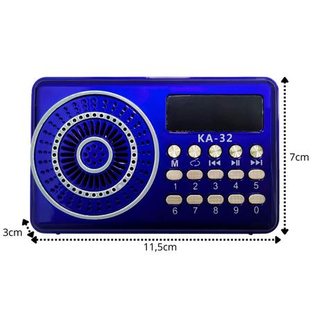Imagem de Kit Rádio Portátil Bluetooth Recarregável FM Usb Mp3 Sd Azul Com Mini Pen Drive 16GB Metalico Chaveiro