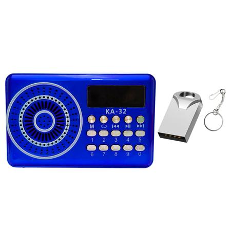Imagem de Kit Rádio Portátil Bluetooth Recarregável FM Usb Mp3 Sd Azul Com Mini Pen Drive 16GB Metalico Chaveiro