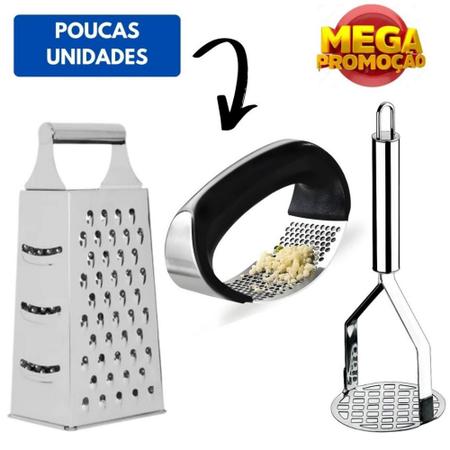 Imagem de Kit Ralador 4 Faces + Amassador de Alho + Amassador de Batata Inox Profissional Cozinha PRESENTE