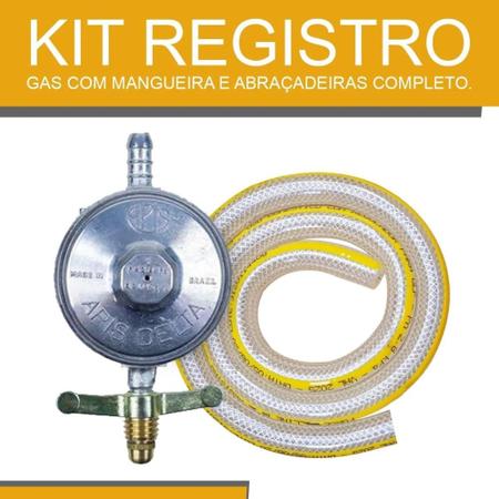 Imagem de Kit Registro De Gás De Cozinha Regulador Mangueira 1m + 2 Abraçadeiras