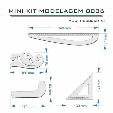 Imagem de Kit Réguas Corte Costura Modelagem Alfaiate 8036 MDF MINI