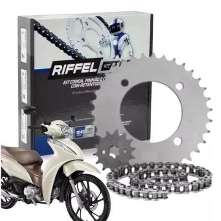 Imagem de Kit Relação Transmissão Tração Moto Riffel Biz 125 Biz 110i Com Retentor Aço 1045