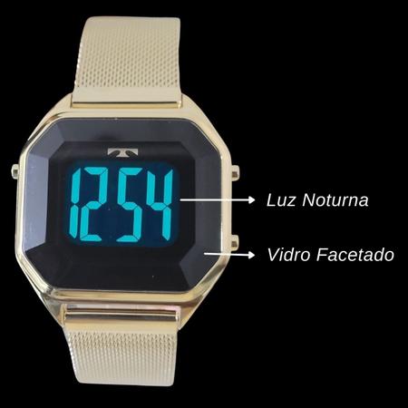 Imagem de Kit Relógio de Pulso Technos Feminino Digital Led Quadrado Dourado Prova Dágua Luxo BJ3851AJ/K4P