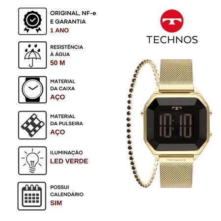 Imagem de Kit Relógio de Pulso Technos Feminino Digital Led Quadrado Dourado Prova Dágua Luxo BJ3851AJ/K4P