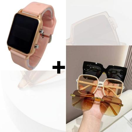 Imagem de Kit Relógio Digital Led Silicone ajustável + Óculos de Sol Feminino Quadrado Armação Grande degradê Luxo Moda Blogueira
