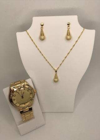 Imagem de Kit relógio feminino com colar e brincos presente luxo namorados mães 