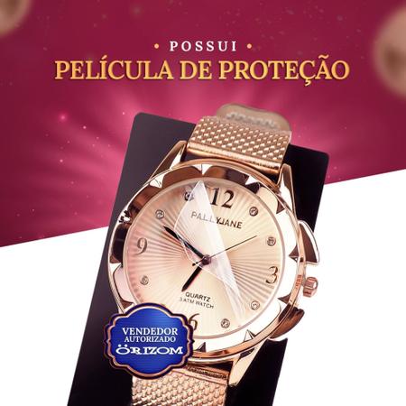 Imagem de Kit Relógio Feminino Quartz Prova Dágua Dourado Rose Original Garantia