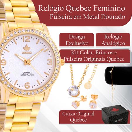 Imagem de Kit Relógio Feminino QUEBEC Analógico QB007 - Dourado e Branco + Colar e Brinco