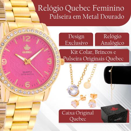 Imagem de Kit Relógio Feminino QUEBEC Analógico QB007 - Dourado e Rosa + Colar e Brinco