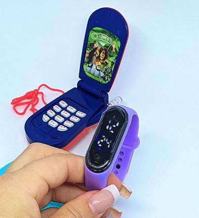 Imagem de Kit Relógio Infantil Digital Led Bracelete Prova água Meninos + Celular Brinquedo Toca Musica Som Pisca Luz Colorido