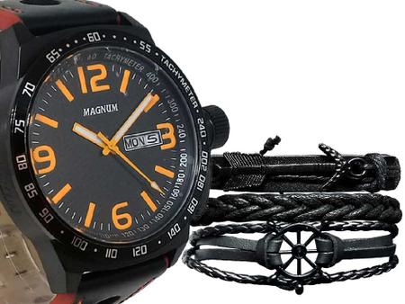 Relógio Masculino Preto Pulseira Couro Magnum Ma31542J