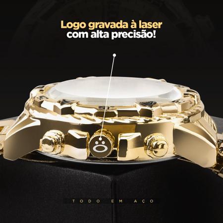 Imagem de Kit Relogio Masculino Dourado Aço Analógico Top Folheado + Colar Cruz Com Pulseira Ouro Luxo Original