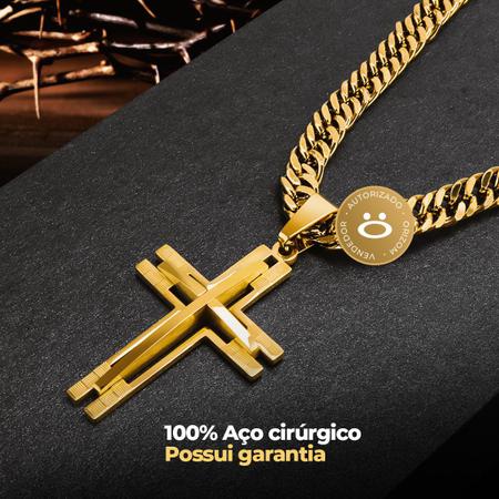 Imagem de Kit Relogio Masculino Dourado Aço Analógico Top Folheado + Colar Cruz Com Pulseira Ouro Luxo Original