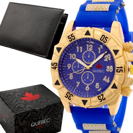 Imagem de Kit Relógio Masculino QUEBEC Analógico QB004 - Azul e Dourado + Carteira
