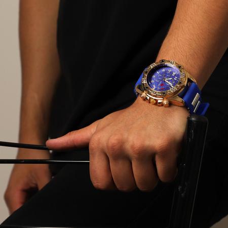 Imagem de Kit Relógio Masculino QUEBEC Analógico QB004 - Azul e Dourado + Carteira
