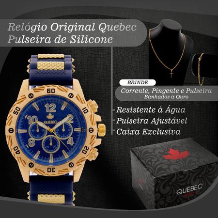 Imagem de Kit Relógio Masculino QUEBEC Analógico QB004 - Azul e Dourado + Corrente e Pulseira