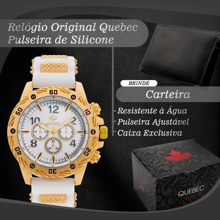 Imagem de Kit Relógio Masculino QUEBEC Analógico QB004 - Dourado e Branco + Carteira