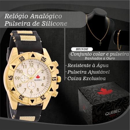 Imagem de Kit Relógio Masculino QUEBEC Analógico QB004 - Preto, Dourado e Branco + Corrente e Pulseira