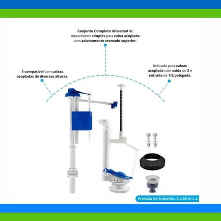 Imagem de Kit Reparo Caixa Acoplada Mecanismo Completo Universal Deca Celite Incepa Icasa Logasa Astra 6 Litros