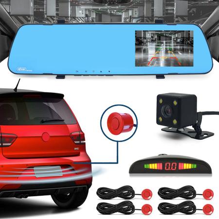 Imagem de Kit Retrovisor C/ Tela + Câmera + Sensor Ré Vermelho Renault Clio 2009 2010 2011 2012 Espelho Visor Estacionamento