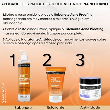 Imagem de Kit Sabonete Acne Proofing Antioleosidade + Esfoliante Acne Proofing+  Face Care Antissinais Reparador 100g Neutrogena