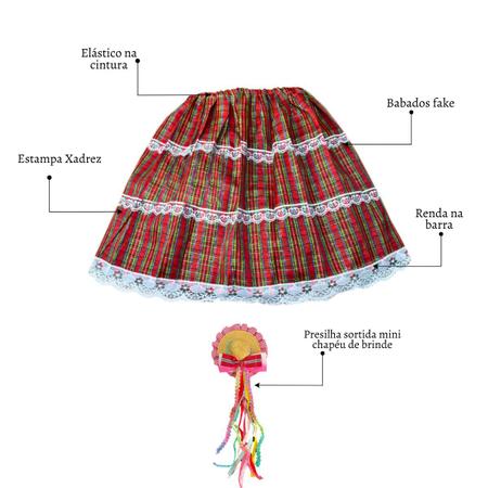 Imagem de Kit Saia Curta Feminina Xadrez Festa Junina Acinturada Rodada Renda São João Mini Chapéu de Palha Presilha Tiara Look Adulto Criança